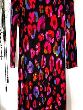 FARM Rio Black Midi Dress with Pink, Red, Purple & Orange Leopard Spots
